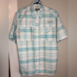 Habit Blue White Silver Plaid  shirt short sleeve button men M